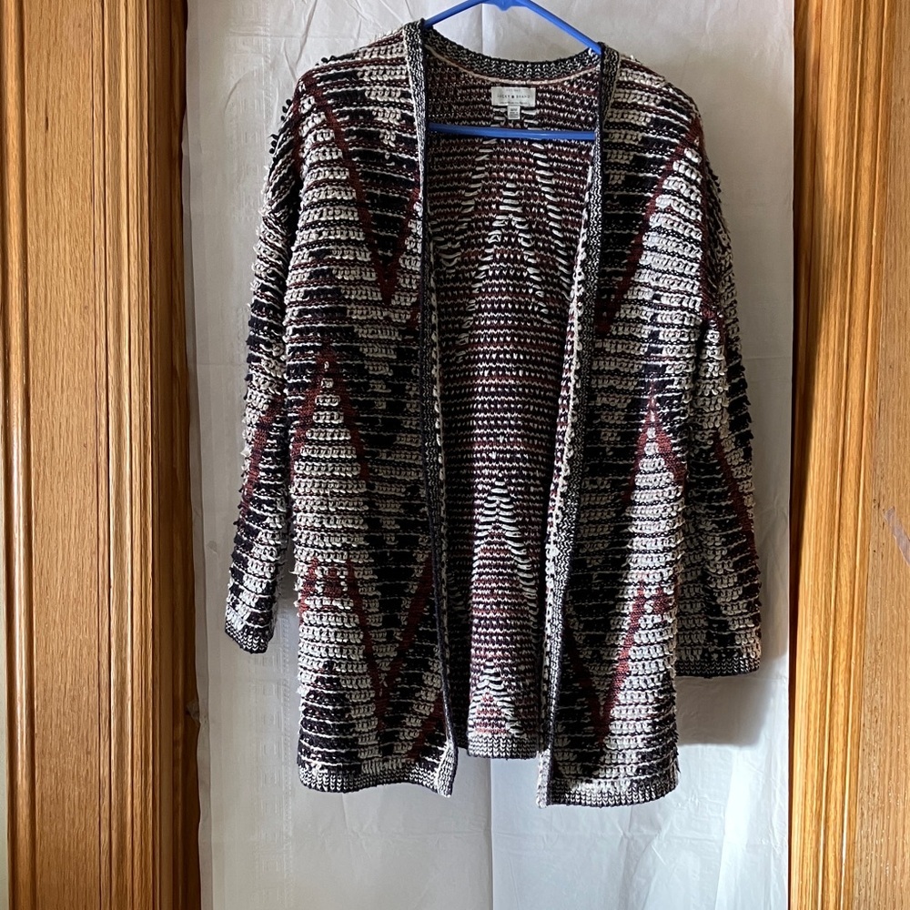 Lucky Brand Fringed Women’s M Chevron geometric cream, brown red open Cardigan